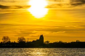 Beautiful and colorful sunset on Elbe in Hamburg, Germany