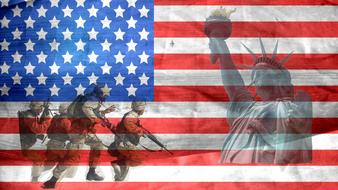 silhouettes of army and statues of Liberty on the background of the American flag