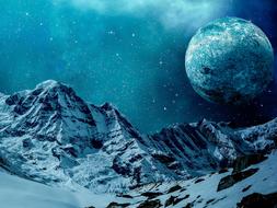 clipart of snowy mountains against the background of the starry sky and a large planet