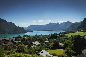 panoramic view of the village near the lake in the mountains of austria