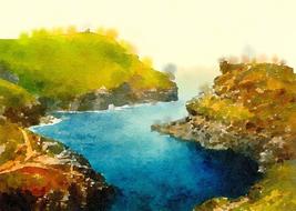 watercolour river and forest drawing