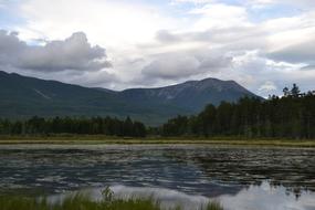 pond at the foot of the mountains on a cloudy day