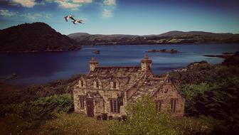 Beautiful landscape with the birds flying over the house among the colorful plants near the lake in Ireland