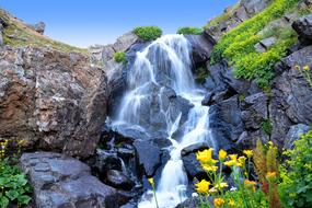 Beautiful waterfall among the rocks and colorful plants on KaÃ§kars, Turkey