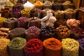 variety of spices in bags at the bazaar