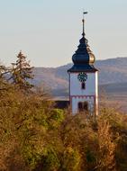 spire of a clock tower among the trees in autumn