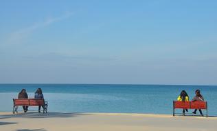 people on wooden Benches on beach