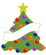 Beautiful, green Christmas tree with the colorful decorations, banner and yellow star, clipart