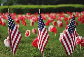 Memorial Day flags American and flowers