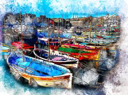 Beautiful painting of the colorful boats in the harbor of the sea