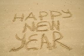 happy new year as a text on wet sand