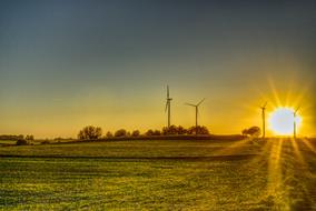 bright sun at sunset over the field