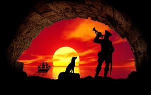 Silhouette of a pirate, with the dog, in the cave, at background with the ship in the sea, and beautiful sunset, clipart