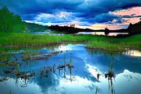 Beautiful and colorful landscape of the lake, among the green plants, at beautiful and colorful sunset, in Quebec, Canada
