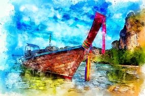 boat on sea at beach, digital art, watercolor
