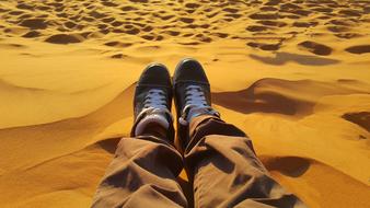 View with the person's legs on the beautiful golden sands of Sahara in Merzuga Morocco, Africa