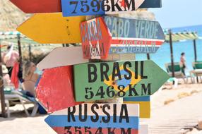 arrows with tourist directions on the beach