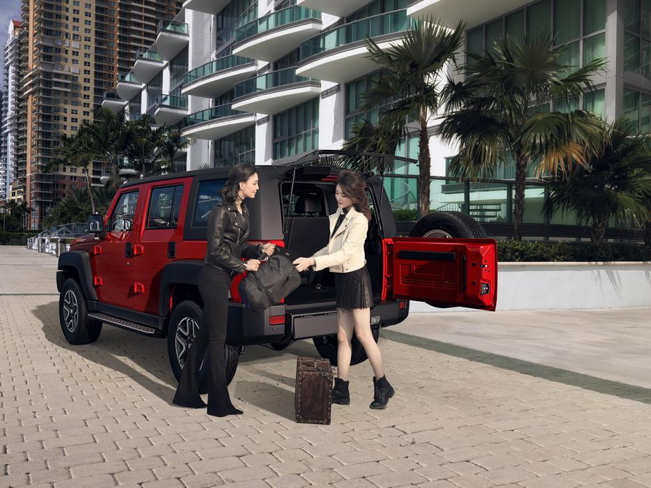 girls near a red car
