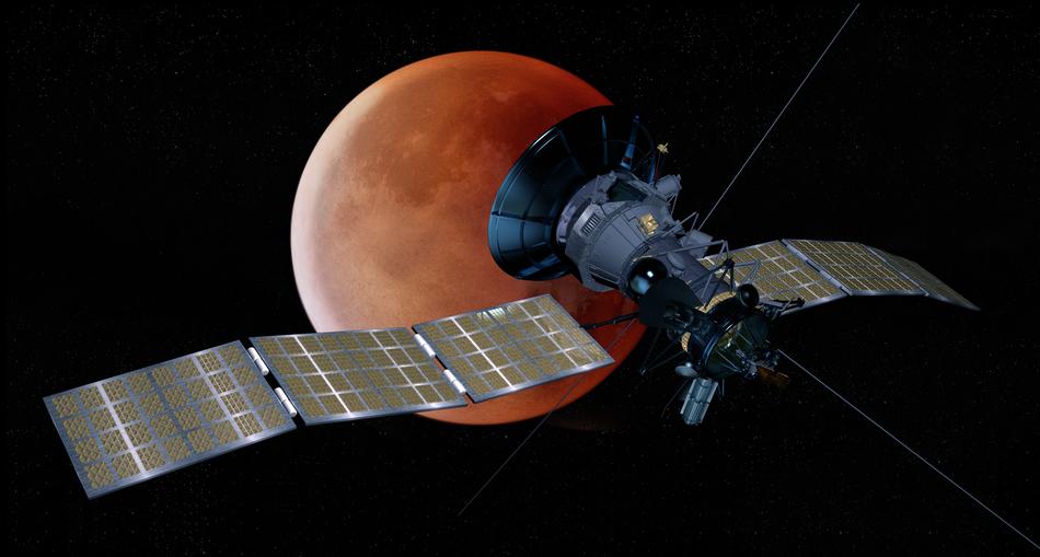space satellite against the background of a bloody moon