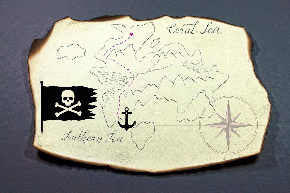 Treasure map with the black flag with skull