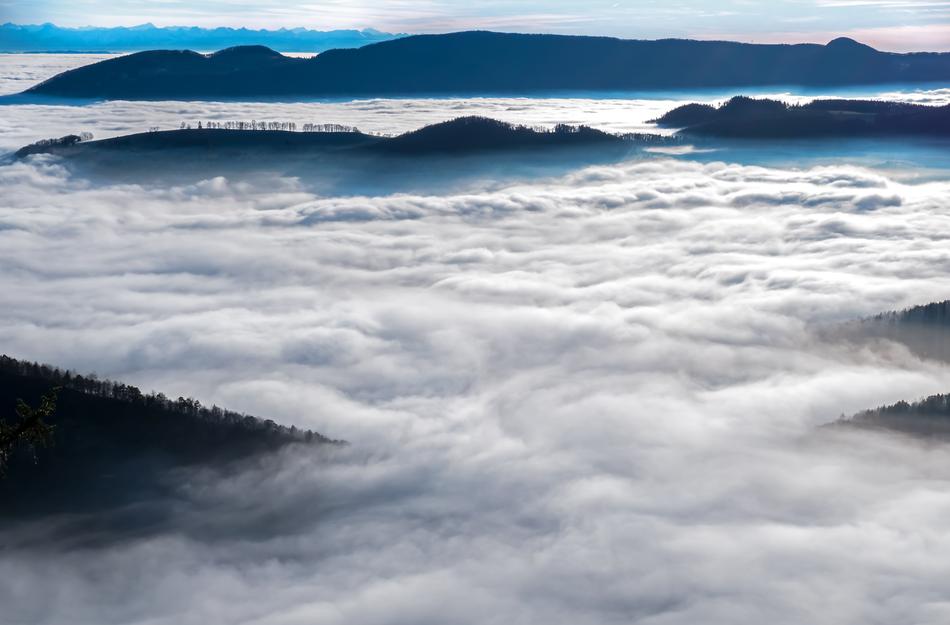 thick fog over the sea in Jura, Switzerland