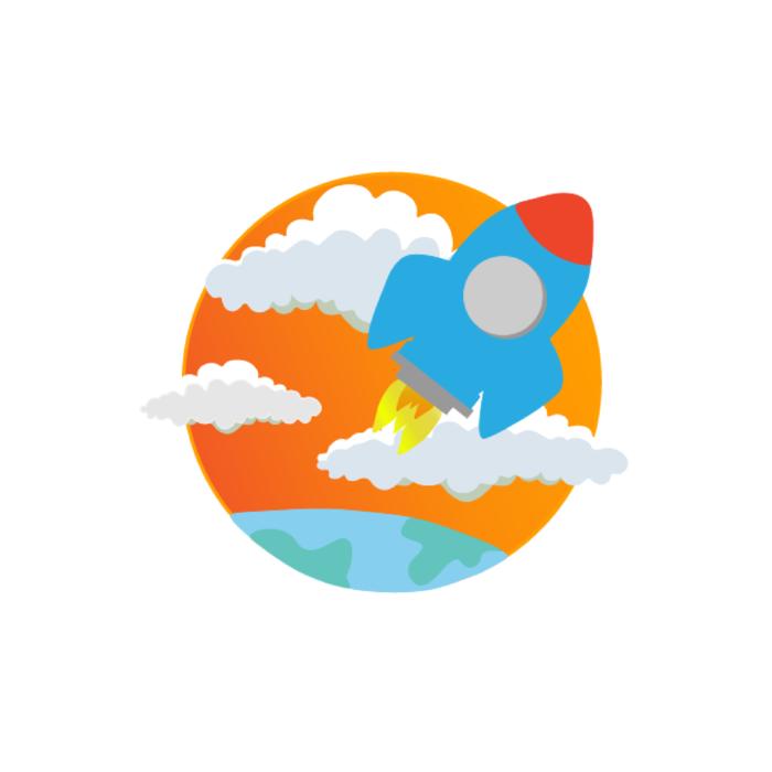 orange sky, clouds and blue rocket