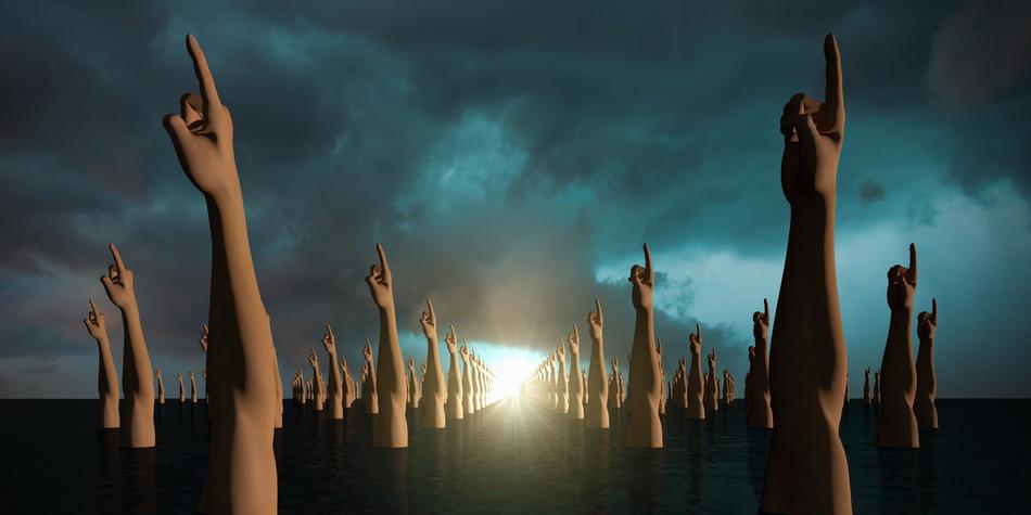 3d rendering of human hands pointing to the sky
