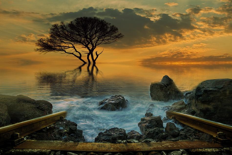 railway to sea at dusk, Fantasy collage