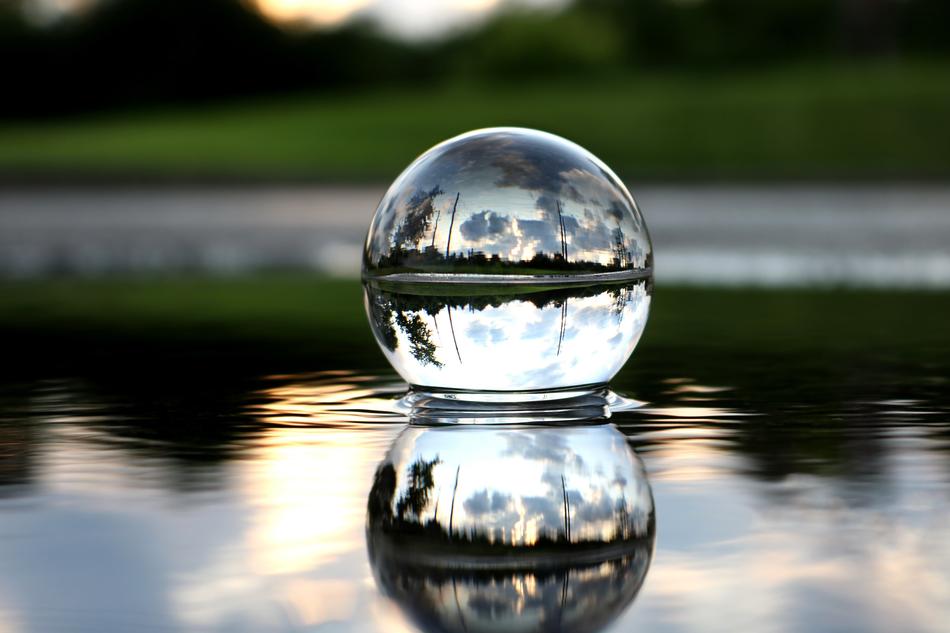 Beautiful crystal ball on the water, among the green plants