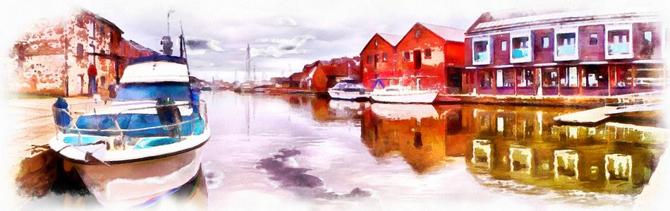 boat in city harbor as colorful illustration
