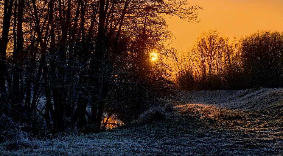 Beautiful and colorful sunset above the river in the forest