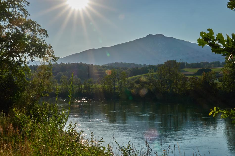 landscape of Sunsetc over the River and Mountain