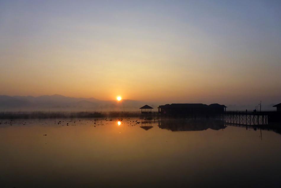 panorama of a lake at sunset in Myanmar