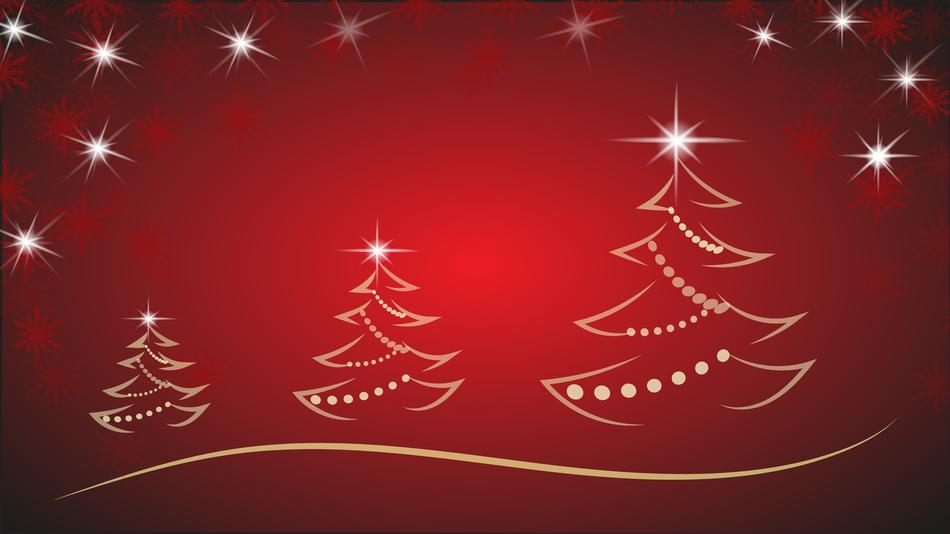 silhouettes of christmas trees and stars on burgundy background