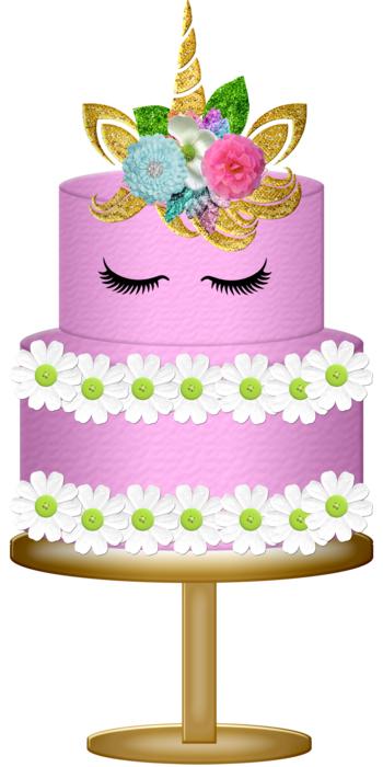 Beautiful and colorful unicorn cake, with the decorations, on the stand, at white background, clipart