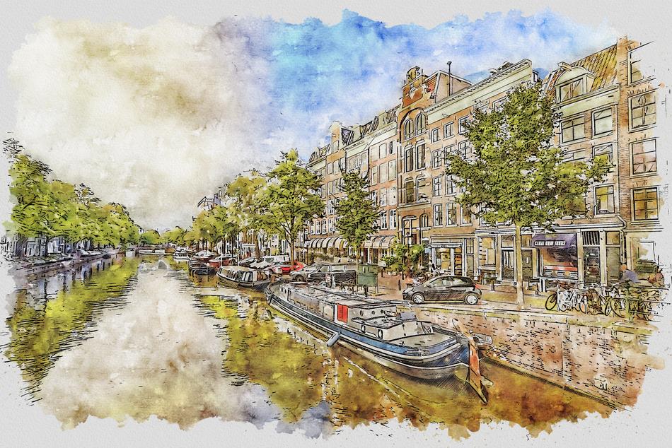 drawing of amsterdam canal city