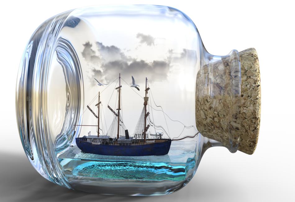 Beautiful ship, on the turquoise water, in the bottle, with the clouds