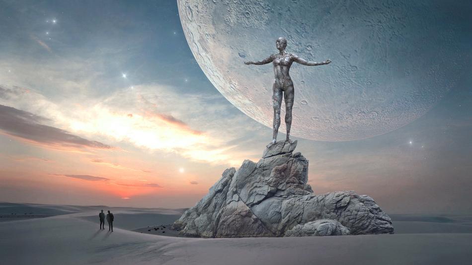 statue of a woman on a rock against the backdrop of the planet