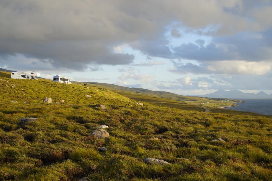 panorama of the green coast of the Isle of Skye in Scotland