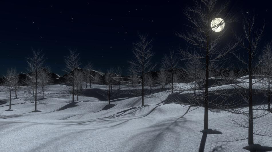 white moon over countryside in winter