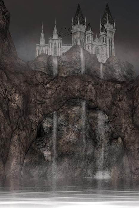mystical image of a castle on a rock by the lake
