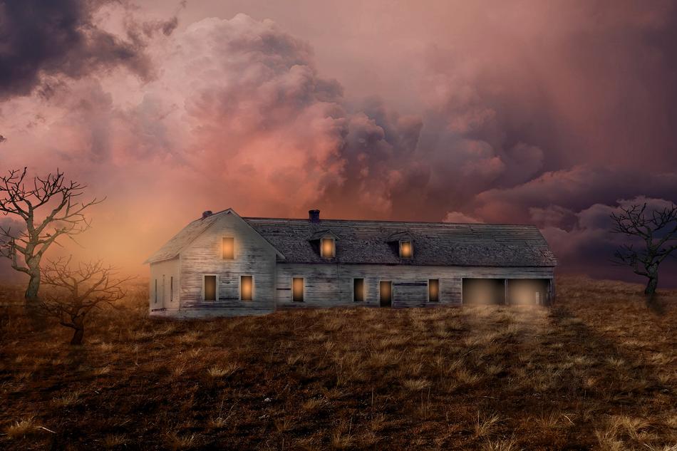 fog over the old house in the meadow