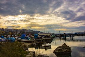 Sunset Coastal Beach boats