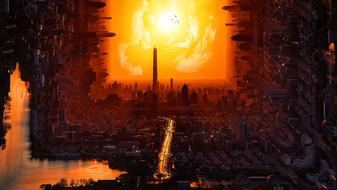 Sunset over futuristic city