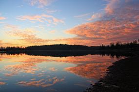 summer clouds are reflected in the lake at dusk