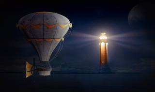 Balloon and Lighthouse Night Sky