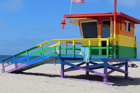 Colorful hut of the lifeguard, on the sandy beach in California, USA