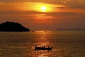 Ship on Water Sea at sunset