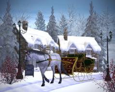 Beautiful horse with the carriage, near the house, among the beautiful, snowy forest in winter, clipart