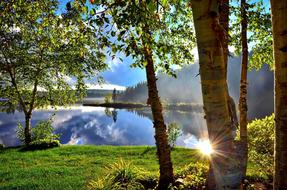 Beautiful landscape of the lake, with the mist, among the colorful plants, in Quebec, Canada, at beautiful and colorful sunset